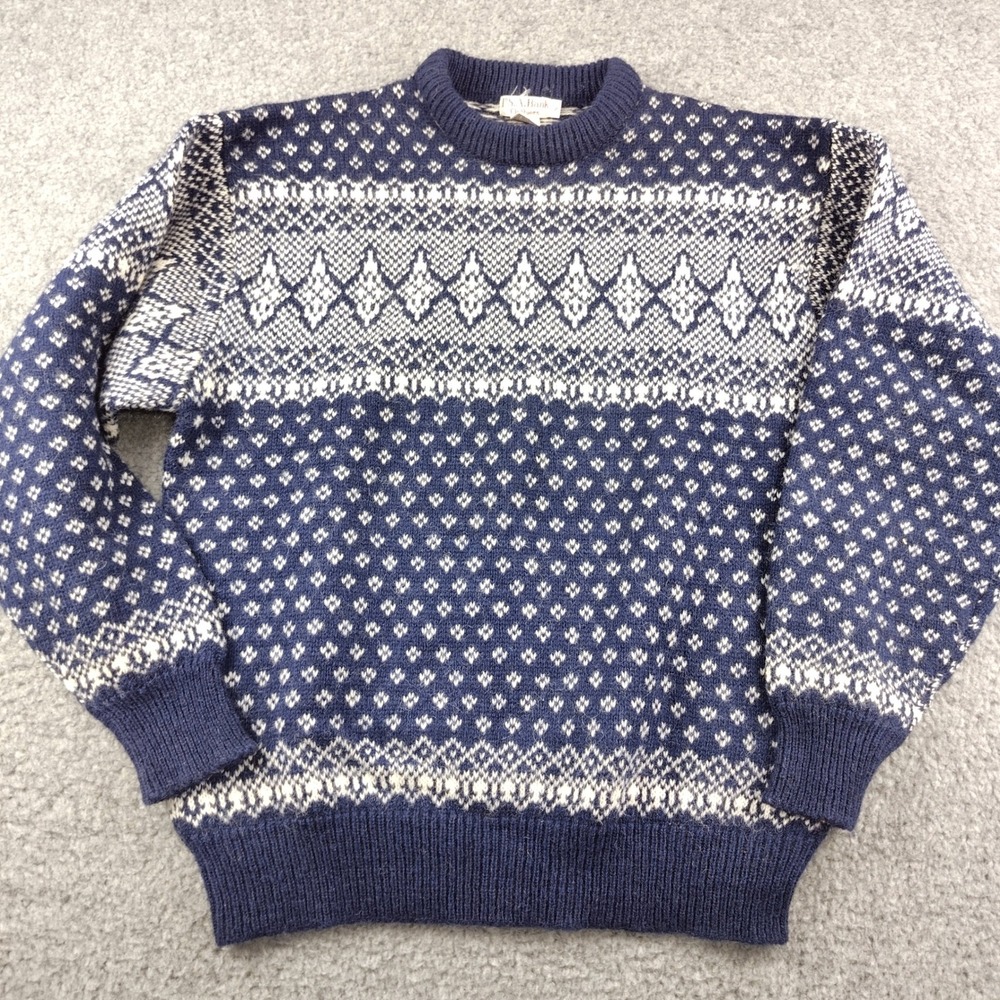 VTG Jos A Bank Wool Sweater Mens Small Shetland Fair Isle Blue Birds Eye EUC